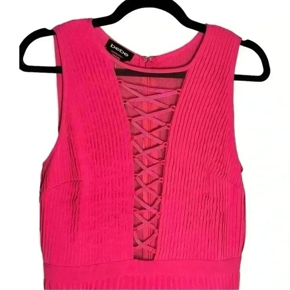 Bebe NWT Valentines Day 💕 Pink Lace Up Mini Dress Pleated Size 8 - Picture 2 of 5
